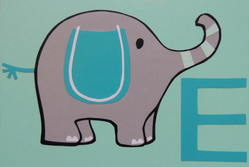 May include: A whimsical painting of a gray elephant with a turquoise saddle and the letter "E" on a light green background. The elephant has black outlines and white accents. The trunk is striped with gray and white.