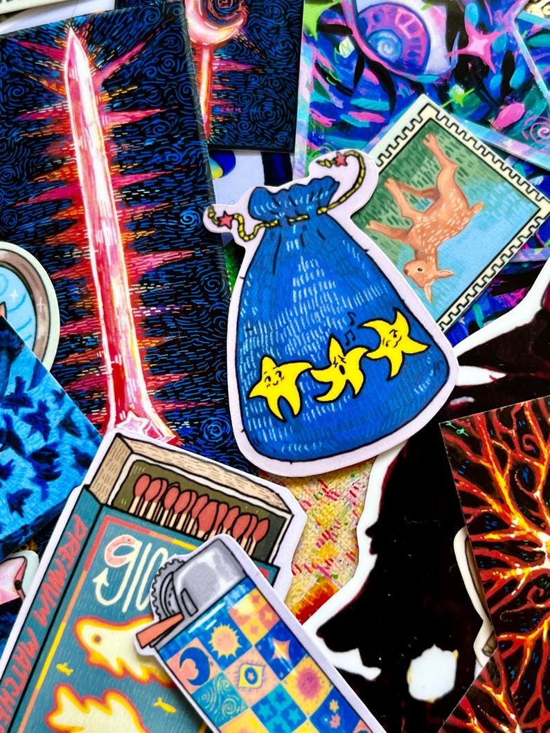 May include: A collection of colorful stickers featuring various designs, including a blue bag with stars, a matchbox with matches, a lighter, and a silhouette of a person. The stickers are on a dark background.