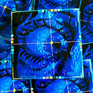 May include: Square sticker with a blue abstract illustration of a face. The artwork features a grid pattern with yellow starbursts and the text "viridianruins". The sticker has a black border with colorful accents.