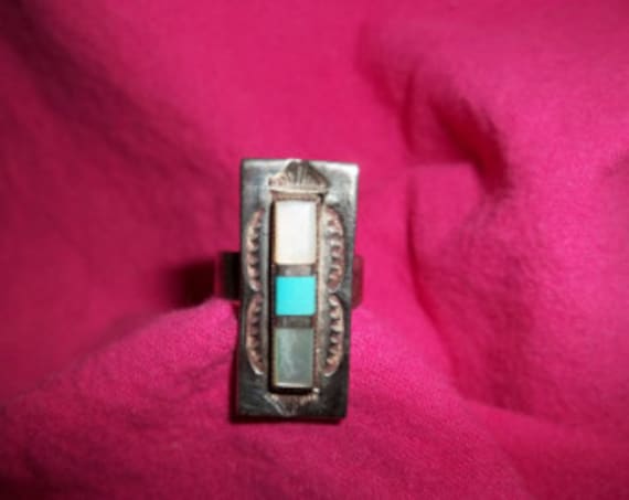 Silver, Mother of Pearl and Turquoise Ring Size 5… - image 1