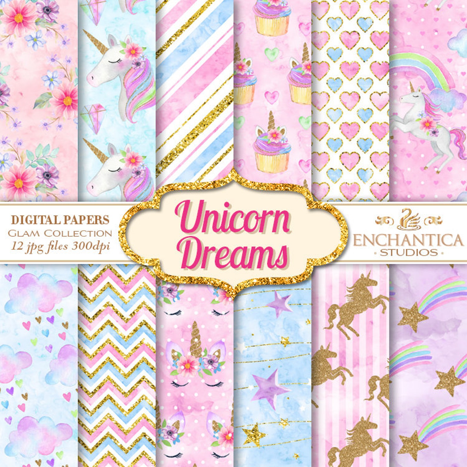 Unicorn Digital Paper Unicorn Scrapbook Paper Unicorn Paper Etsy