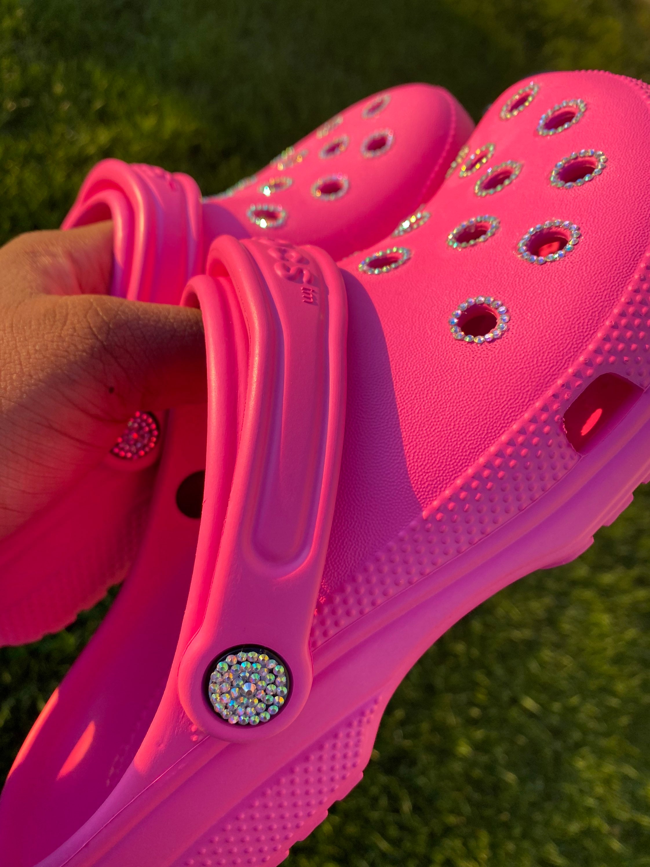 pink and black crocs
