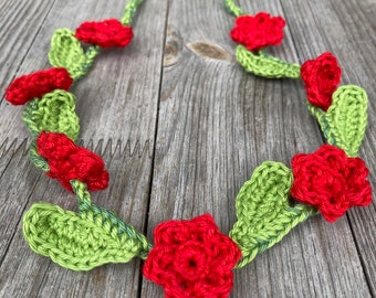 Crocheted flower wreath to tie for flower children, red flowers