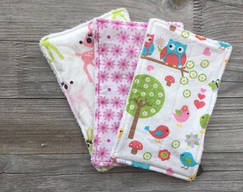 3 washcloths, wet wipes, reusable colorful owls, flowers, deer