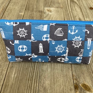Trousse trousse à crayons marin, bateau à voile, bleu marine gris