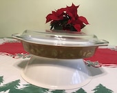Vintage Pyrex Early American, Brown and Gold divided casserole baking dish with lid.