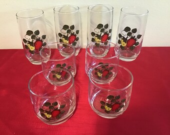 Set of eight, Sears water glasses and rock tumblers with Strawberries.