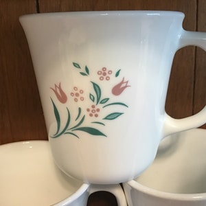 Vintage Corelle by Corning Ware Coffee Cups, Rose Marie, Pink Tulip Pattern, set of 2.