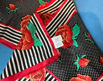 TJW for Mervyns, Designer Silk Scarf,Black White and Green with Red Roses, Stripes and Polkadots.