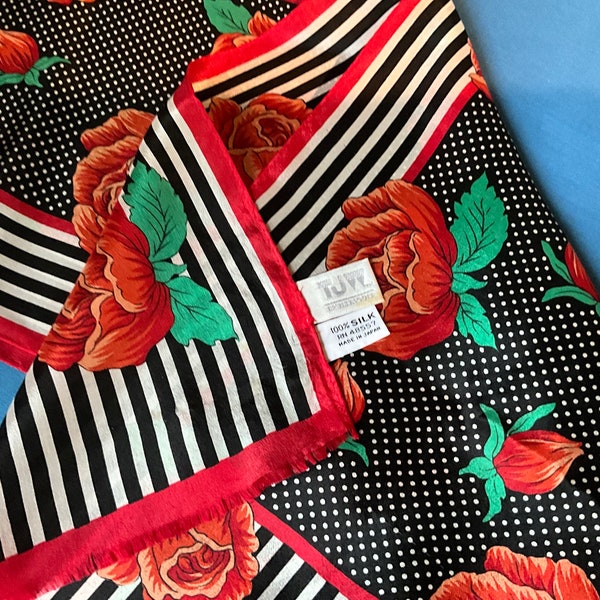 TJW for Mervyns, Designer Silk Scarf,Black White and Green with Red Roses, Stripes and Polkadots.