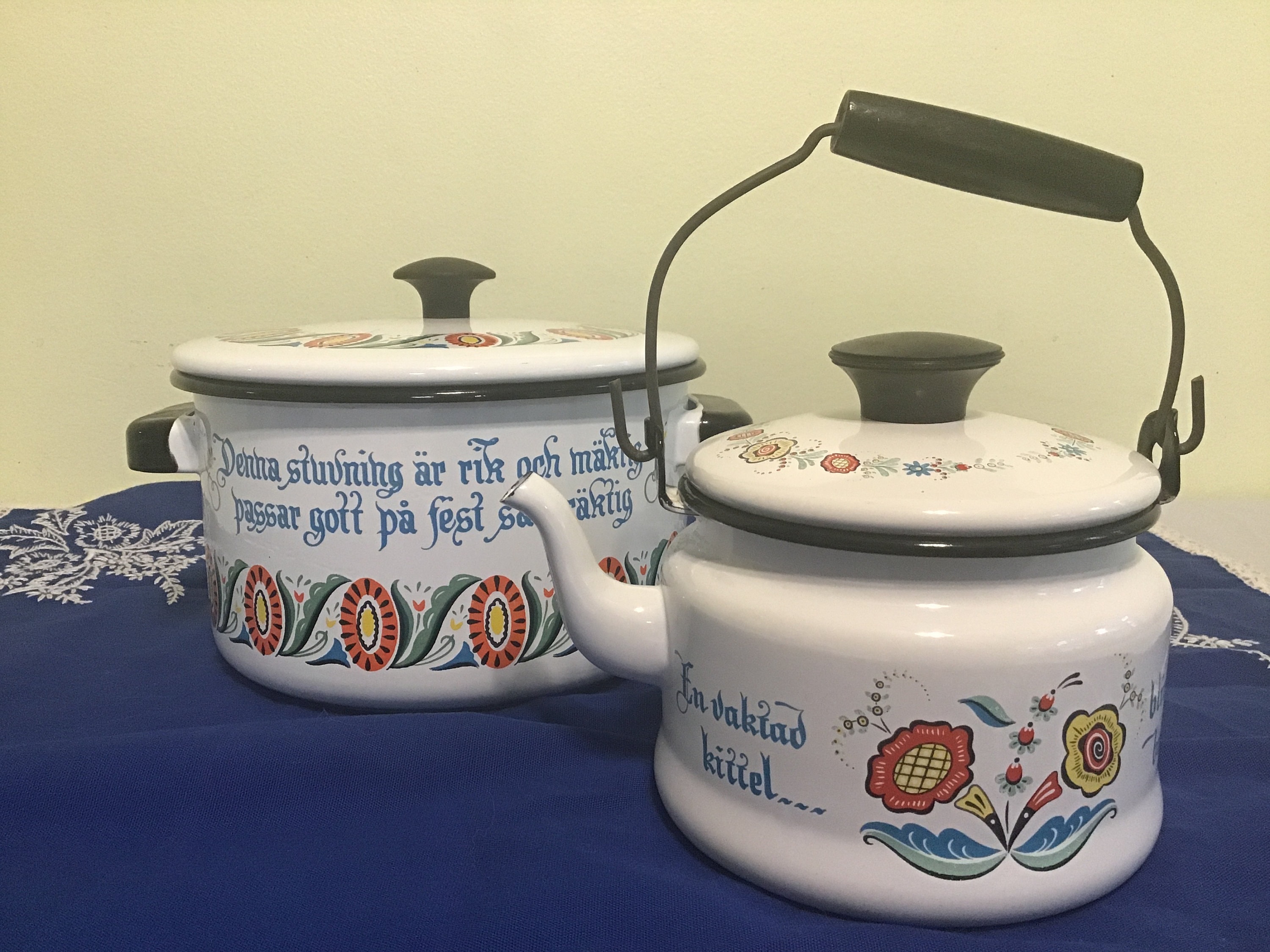 Vintage Enameled Tea Kettle and Stock Pot, Berggren Swedish