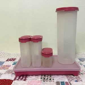 Set of Pink Vintage Tupperware, Spice Shakers, Meat Keeper, Food Storage.