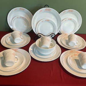 Vintage Set of  Corelle by Corning Ware, Service for 8 Dinnerware Dishes, Floral Whisps, Peach and Gray.