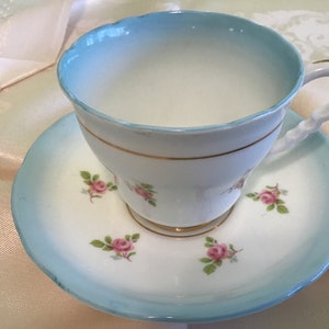 Vintage Royal Stanford Bone China, Blue Ombré, Pink Roses, gold trimmed.