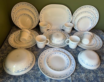 Vintage Corelle by Corning Ware, Blue and White, Morning Blue, Dinnerware set, 30 pieces.