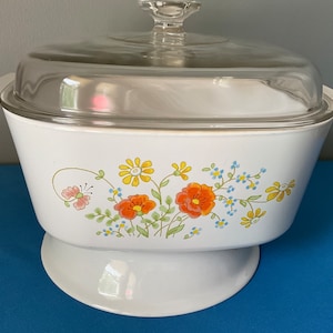 Corelle by Corning Wild Flower Meadows, Spring Bouquet, orange flower casserole baking dish, A-5-B, 5 liter.