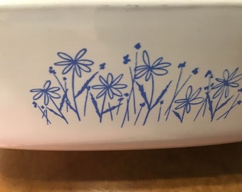 Vintage Corning Ware Casserole, Browning, Baking Dish With Blue Daisies, Made for Sears, MW-16, with lid.