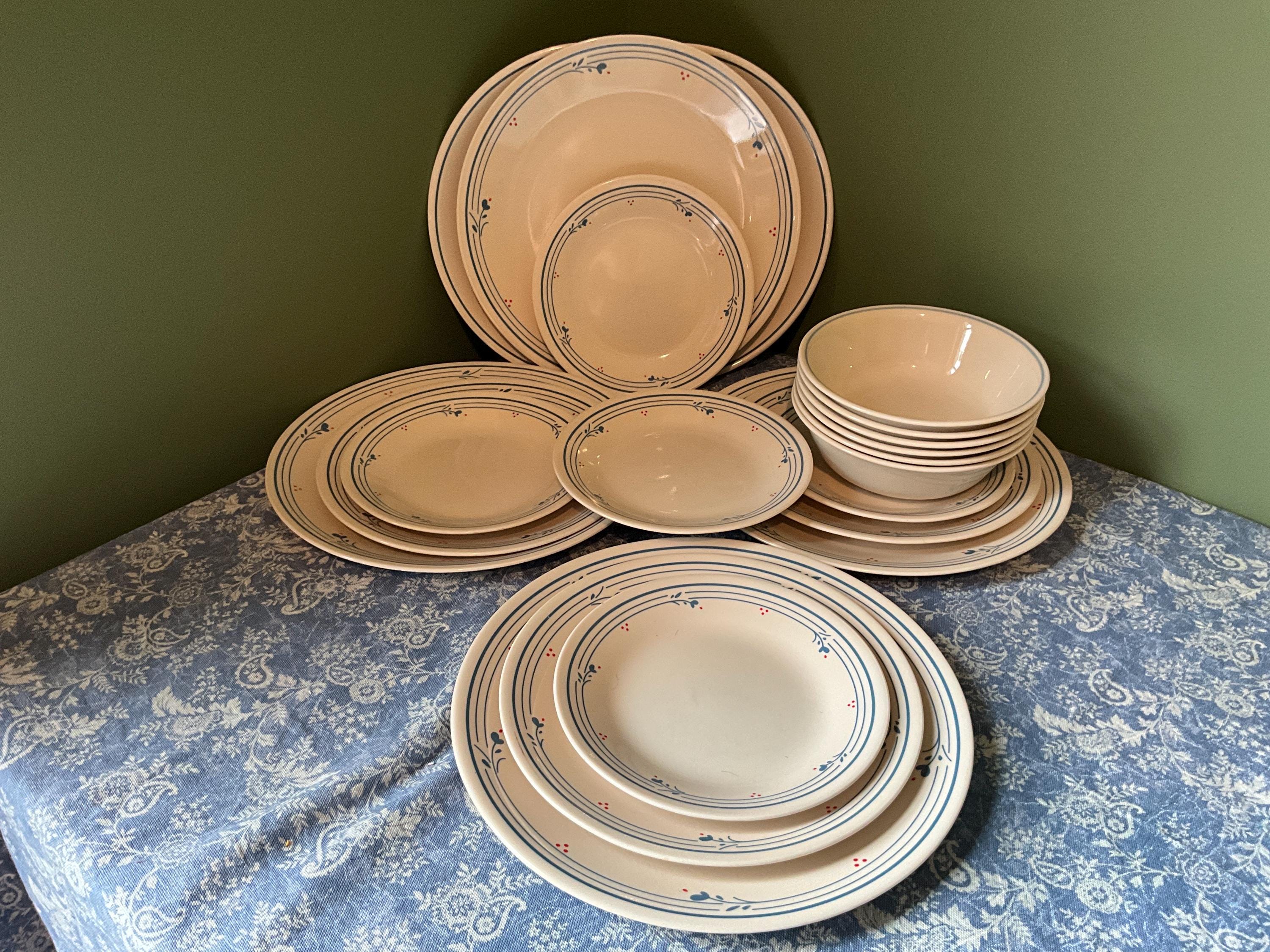 Vintage Corelle by Corning 19 Piece Dinnerware Set, Country Violets, Red, Blue and Beige.