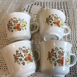 Set of 4, Vintage Corelle by Corning Ware, Indian Summer Pattern, Coffee Cups.