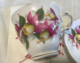 Vintage Royal Vale, Fine Bone China Tea Cup , pink Fuchsia Flowers, Made in England.