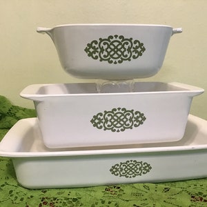 Vintage CorningWare, Set of 3, Casserole Baking Dishes, Green Medallion, Shell Oil Promotional Pattern.