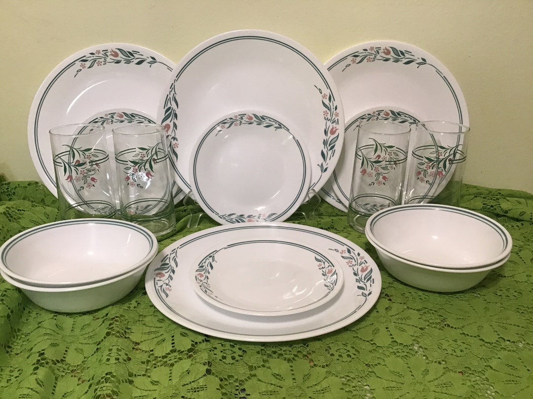 Vintage 16 Piece Set of Corelle Dishes, Rose Marie Pattern, Dinner ...