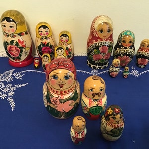 3 Sets of Vintage Russian Nesting Dolls, Hand Painted wooden Stacking Dolls, Matryoshka Dolls.