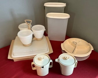 Vintage Lot of Tupperware divided vegtable platter, condiment caddy, creamer and sugar, cereal containers, relish platter.