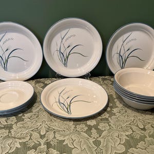 Puede incluir: Colección de vajilla de cerámica blanca con borde azul y diseño de hierba de trigo. El juego incluye platos, platillos y cuencos. El diseño de hierba de trigo es en tonos verdes y azules.