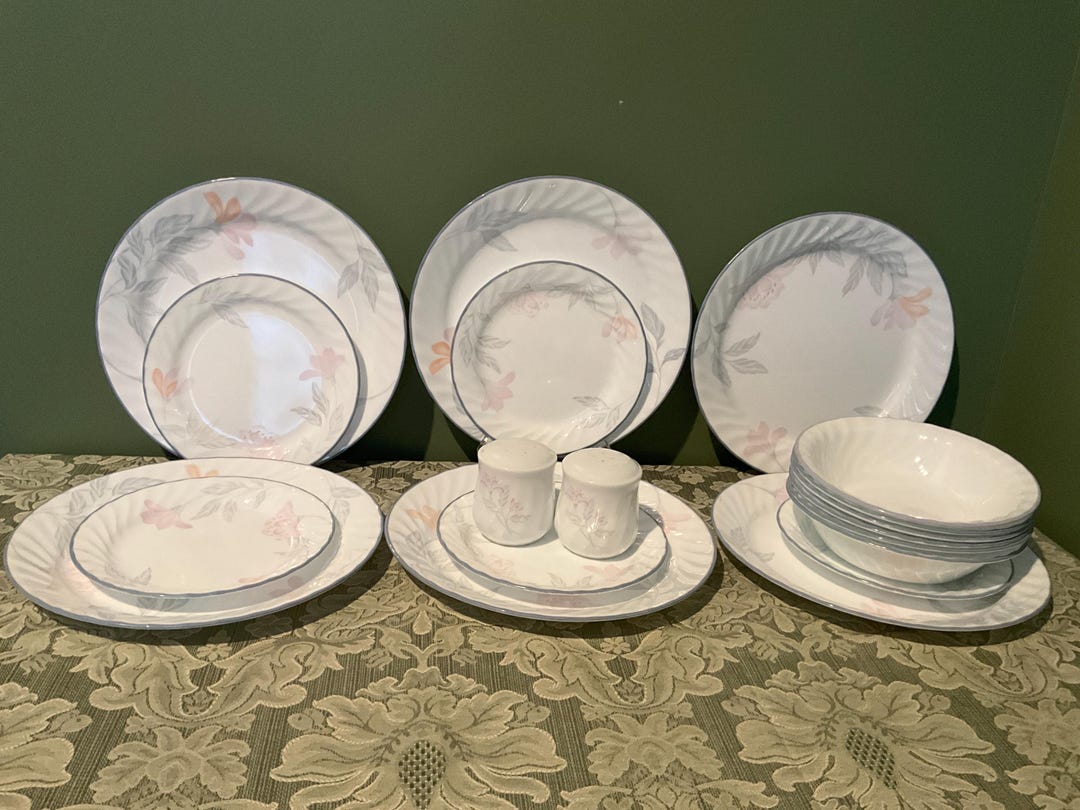 Corelle Pink Pattern Vintage Corelle by Corning 19 Pieces of Pink Trio, Pink and Grey Floral ...