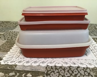 Set of 3 Vintage, Burnt Orange Tupperware Food Storage Containers, Meat Marinater, meat keepers.