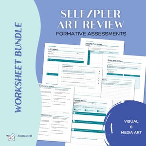 以下が含まれることがあります： 「SELF/PEER ART REVIEW FORMATIVE ASSESSMENTS」のテキストが入った、アートレビューワークシートのバンドルです。「3-2-1 Reflect」、「Just One Peer Review」、「Sticky Note Critique」のワークシートが含まれています。「VISUAL & MEDIA ART」というフレーズも表示されています。