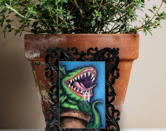 Creepy Carnivorous Plant, Original Mini Painting, Gothic Botanical Art, ACEO, One of a Kind, #1 of 2 series