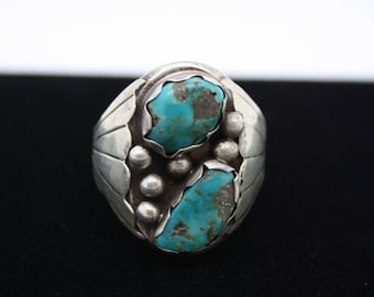 Fabulous Greenish Blue Two Stone Navajo Kingman Turquoise Ring HEAVY