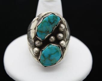 Large Substantial Handcrafted Navajo Kingman Two Stone Turquoise Ring