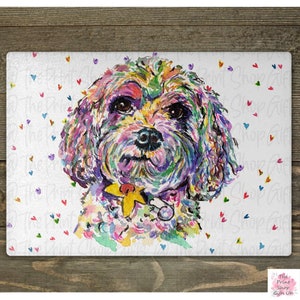 May include: A colorful watercolor painting of a dog with a yellow flower on its collar. The background is white with scattered hearts in various colors.