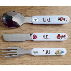 Alice in wonderland personalised childrens cutlery, toddler cutlery, weaning cutlery, toddler utensils, childrens dinnerware, kids flatware
