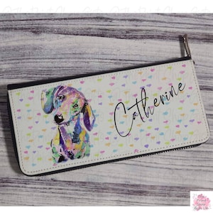 Personalised watercolour daschund purse, ladies wallet, cardholder women, gift for dog lover, Zip wallet for women, money pouch, artwork