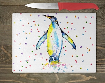 Penguin glass chopping board, rainbow penguin watercolour artwork, penguin gift for , new home, for couple, for her, birthday, penguin decor