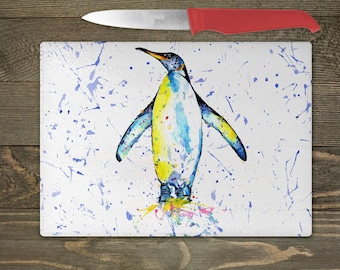 Penguin glass chopping board, rainbow penguin watercolour artwork, penguin gift for , new home, for couple, for her, birthday, penguin decor