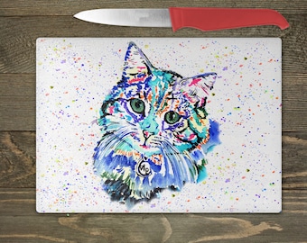 Cat chopping board, glass worktop saver, watercolour cat artwork, gifts for couples new home, cat print, cat mum, kitchen decor