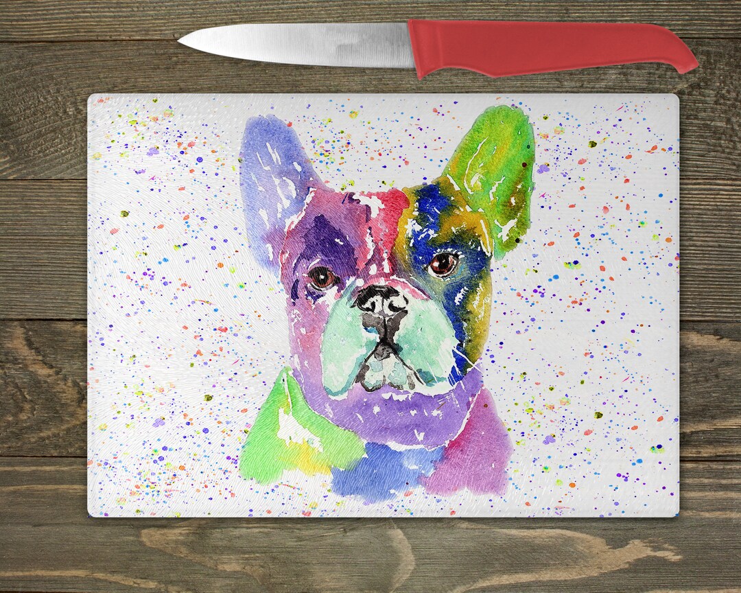 French Bulldog Glass Chopping Board, Dog Owner Gift, Watercolour French