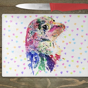 Seal glass chopping board, rainbow watercolour artwork, new home gift, seal gift , birthday gift, for couple, for women, home decor, kitchen