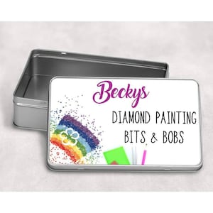 Diamond painting, personalised storage tub, pen, accessories tin, tray, kit, paint by numbers