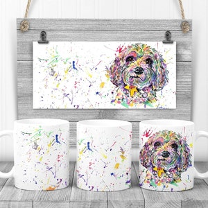 May include: Three white ceramic mugs featuring a colourful watercolour design of a dog. The design depicts a white dog with splashes of pink, purple, blue, green, yellow, and orange paint.