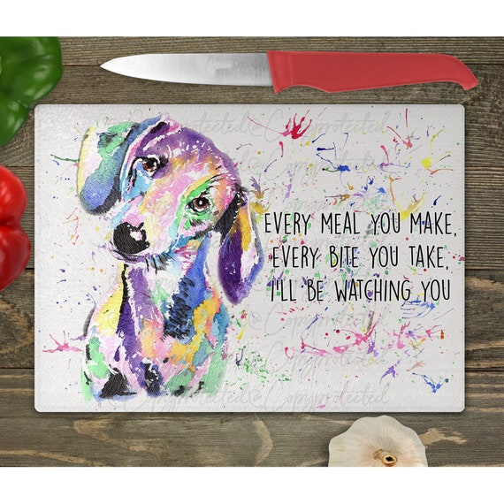 Daschund glass chopping board, dog owner gift, watercolour Daschund art, new home gifts, for couple, dog lover, for birthday, new puppy