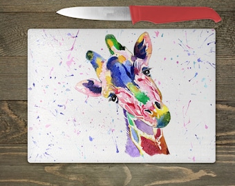 Giraffe chopping board, giraffe gifts, watercolour giraffe, watercolour artwork, new home gifts, for couple, giraffe kitchen, for women, him