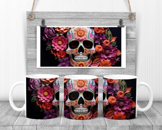 Skull roses, 11oz ceramic mug, 3D Papercraft, 3D skull work mug, paper rose, coffee cup, work colleague leaving, gift for skull lover, black