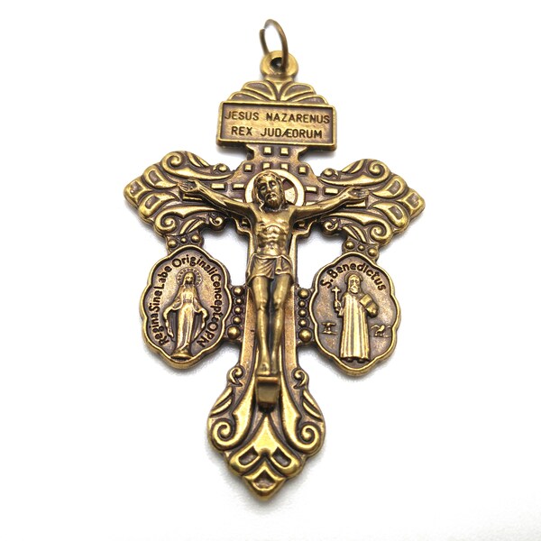 Three Way Pardon Indulgence Crucifix; St. Benedict and Miraculous Medals Attached, Bronze Finish - Each crucifix sold separately