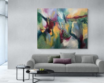 Abstract painting, Modern art, original paintings, colorful painting, wall art, green purple, yellow, handmade painting, living room art